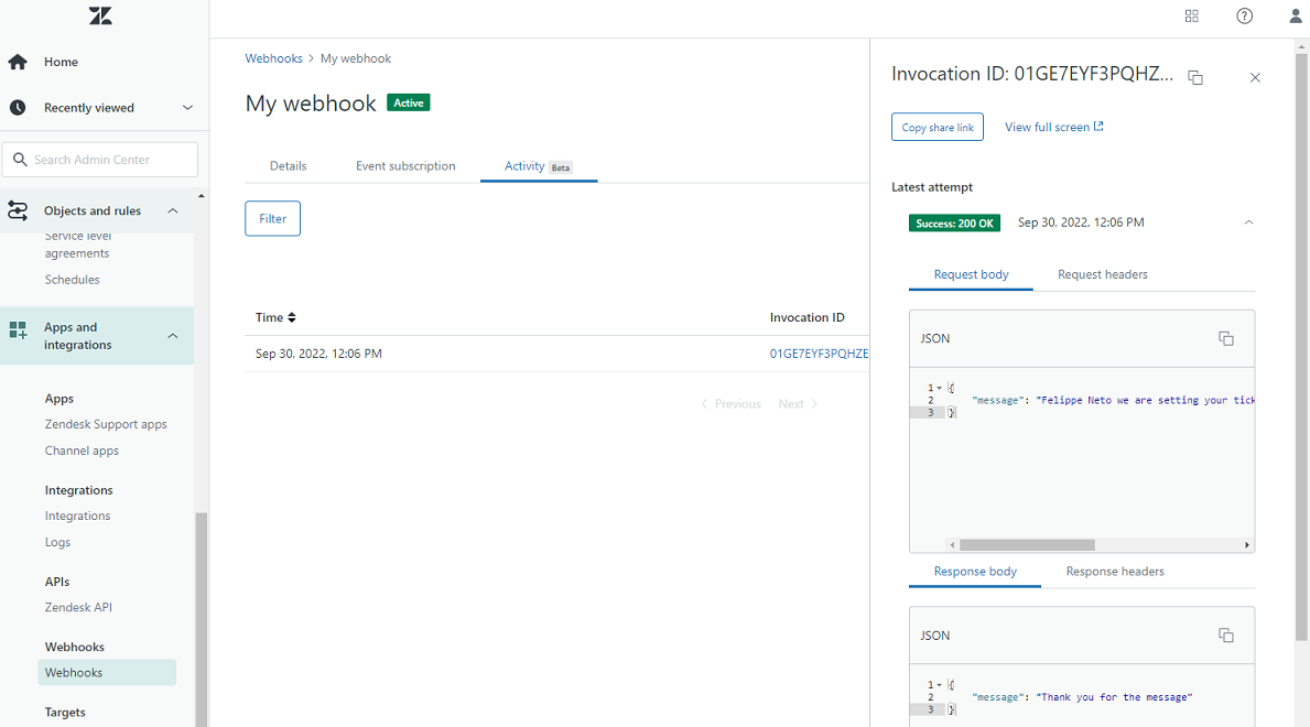 Zendesk Webhook logs